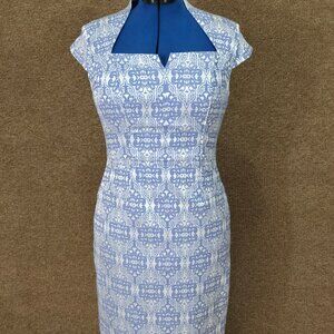 Adrianna Pappel Floral Jacquard Cocktail Dress Blue and Silver Sz 8 PreOwned